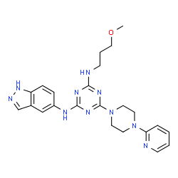 ChemSpider 2D Image | N-(1H-Indazol-5-yl)-N'-(3-methoxypropyl)-6-[4-(2-pyridinyl)-1-piperazinyl]-1,3,5-triazine-2,4-diamine | C23H28N10O