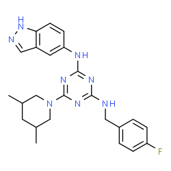 ChemSpider 2D Image | 6-(3,5-Dimethyl-1-piperidinyl)-N-(4-fluorobenzyl)-N'-(1H-indazol-5-yl)-1,3,5-triazine-2,4-diamine | C24H27FN8