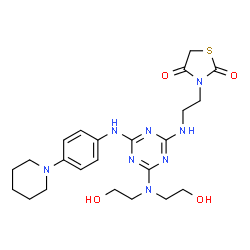 ChemSpider 2D Image | 3-{2-[(4-[Bis(2-hydroxyethyl)amino]-6-{[4-(1-piperidinyl)phenyl]amino}-1,3,5-triazin-2-yl)amino]ethyl}-1,3-thiazolidine-2,4-dione | C23H32N8O4S