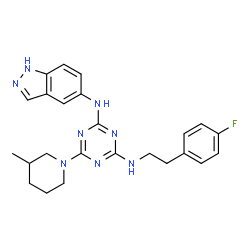 ChemSpider 2D Image | N-[2-(4-Fluorophenyl)ethyl]-N'-(1H-indazol-5-yl)-6-(3-methyl-1-piperidinyl)-1,3,5-triazine-2,4-diamine | C24H27FN8