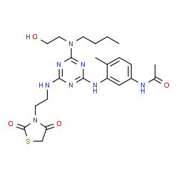 ChemSpider 2D Image | N-{3-[(4-[Butyl(2-hydroxyethyl)amino]-6-{[2-(2,4-dioxo-1,3-thiazolidin-3-yl)ethyl]amino}-1,3,5-triazin-2-yl)amino]-4-methylphenyl}acetamide | C23H32N8O4S