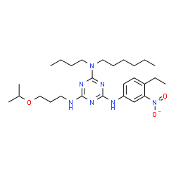 ChemSpider 2D Image | N~2~-Butyl-N~4~-(4-ethyl-3-nitrophenyl)-N~2~-hexyl-N~6~-(3-isopropoxypropyl)-1,3,5-triazine-2,4,6-triamine | C27H45N7O3