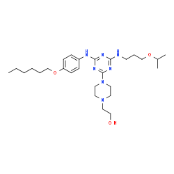 ChemSpider 2D Image | 2-[4-(4-{[4-(Hexyloxy)phenyl]amino}-6-[(3-isopropoxypropyl)amino]-1,3,5-triazin-2-yl)-1-piperazinyl]ethanol | C27H45N7O3