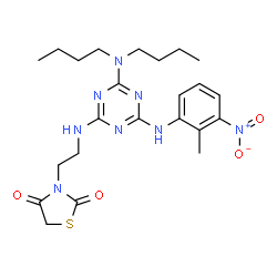 ChemSpider 2D Image | 3-[2-({4-(Dibutylamino)-6-[(2-methyl-3-nitrophenyl)amino]-1,3,5-triazin-2-yl}amino)ethyl]-1,3-thiazolidine-2,4-dione | C23H32N8O4S