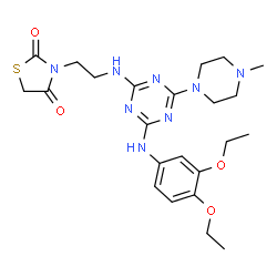 ChemSpider 2D Image | 3-[2-({4-[(3,4-Diethoxyphenyl)amino]-6-(4-methyl-1-piperazinyl)-1,3,5-triazin-2-yl}amino)ethyl]-1,3-thiazolidine-2,4-dione | C23H32N8O4S
