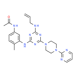 ChemSpider 2D Image | N-[3-({4-(Allylamino)-6-[4-(2-pyrimidinyl)-1-piperazinyl]-1,3,5-triazin-2-yl}amino)-4-methylphenyl]acetamide | C23H28N10O