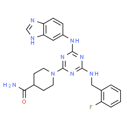 ChemSpider 2D Image | 1-{4-(1H-Benzimidazol-6-ylamino)-6-[(2-fluorobenzyl)amino]-1,3,5-triazin-2-yl}-4-piperidinecarboxamide | C23H24FN9O
