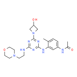 ChemSpider 2D Image | N-(3-{[4-(3-Hydroxy-1-azetidinyl)-6-{[2-(4-morpholinyl)ethyl]amino}-1,3,5-triazin-2-yl]amino}-4-methylphenyl)acetamide | C21H30N8O3