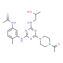 ChemSpider 2D Image | N-[3-({4-(4-Acetyl-1-piperazinyl)-6-[(2-hydroxypropyl)amino]-1,3,5-triazin-2-yl}amino)-4-methylphenyl]acetamide | C21H30N8O3
