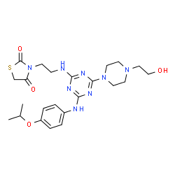 ChemSpider 2D Image | 3-[2-({4-[4-(2-Hydroxyethyl)-1-piperazinyl]-6-[(4-isopropoxyphenyl)amino]-1,3,5-triazin-2-yl}amino)ethyl]-1,3-thiazolidine-2,4-dione | C23H32N8O4S