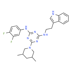ChemSpider 2D Image | N-(3,4-Difluorophenyl)-6-(3,5-dimethyl-1-piperidinyl)-N'-[2-(1H-indol-3-yl)ethyl]-1,3,5-triazine-2,4-diamine | C26H29F2N7