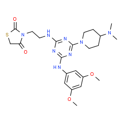 ChemSpider 2D Image | 3-[2-({4-[(3,5-Dimethoxyphenyl)amino]-6-[4-(dimethylamino)-1-piperidinyl]-1,3,5-triazin-2-yl}amino)ethyl]-1,3-thiazolidine-2,4-dione | C23H32N8O4S