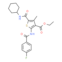 ChemSpider 2D Image | Ethyl 5-(cyclohexylcarbamoyl)-2-[(4-fluorobenzoyl)amino]-4-methyl-3-thiophenecarboxylate | C22H25FN2O4S