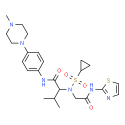 ChemSpider 2D Image | N~2~-(Cyclopropylsulfonyl)-N-[4-(4-methyl-1-piperazinyl)phenyl]-N~2~-[2-oxo-2-(1,3-thiazol-2-ylamino)ethyl]valinamide | C24H34N6O4S2