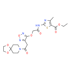 ChemSpider 2D Image | Ethyl 2-{[({4-[2-(1,4-dioxa-8-azaspiro[4.5]dec-8-yl)-2-oxoethyl]-1,2,5-oxadiazol-3-yl}oxy)acetyl]amino}-4-methyl-1,3-thiazole-5-carboxylate | C20H25N5O8S