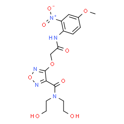 ChemSpider 2D Image | N,N-Bis(2-hydroxyethyl)-4-{2-[(4-methoxy-2-nitrophenyl)amino]-2-oxoethoxy}-1,2,5-oxadiazole-3-carboxamide | C16H19N5O9