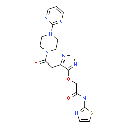 ChemSpider 2D Image | 2-[(4-{2-Oxo-2-[4-(2-pyrimidinyl)-1-piperazinyl]ethyl}-1,2,5-oxadiazol-3-yl)oxy]-N-(1,3-thiazol-2-yl)acetamide | C17H18N8O4S