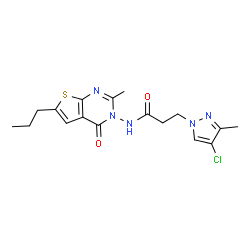 ChemSpider 2D Image | 3-(4-Chloro-3-methyl-1H-pyrazol-1-yl)-N-(2-methyl-4-oxo-6-propylthieno[2,3-d]pyrimidin-3(4H)-yl)propanamide | C17H20ClN5O2S