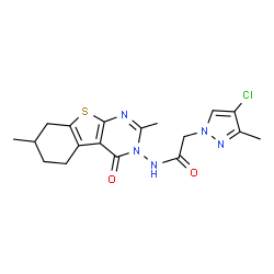 ChemSpider 2D Image | 2-(4-Chloro-3-methyl-1H-pyrazol-1-yl)-N-(2,7-dimethyl-4-oxo-5,6,7,8-tetrahydro[1]benzothieno[2,3-d]pyrimidin-3(4H)-yl)acetamide | C18H20ClN5O2S