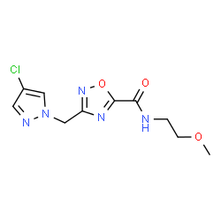 ChemSpider 2D Image | 3-[(4-Chloro-1H-pyrazol-1-yl)methyl]-N-(2-methoxyethyl)-1,2,4-oxadiazole-5-carboxamide | C10H12ClN5O3