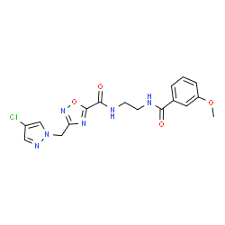 ChemSpider 2D Image | 3-[(4-Chloro-1H-pyrazol-1-yl)methyl]-N-{2-[(3-methoxybenzoyl)amino]ethyl}-1,2,4-oxadiazole-5-carboxamide | C17H17ClN6O4