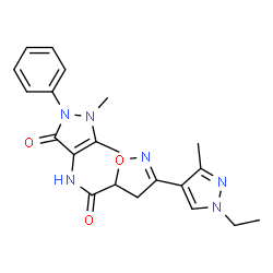 ChemSpider 2D Image | N-(1,5-Dimethyl-3-oxo-2-phenyl-2,3-dihydro-1H-pyrazol-4-yl)-3-(1-ethyl-3-methyl-1H-pyrazol-4-yl)-4,5-dihydro-1,2-oxazole-5-carboxamide | C21H24N6O3