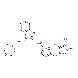ChemSpider 2D Image | 5-[(4-Chloro-3,5-dimethyl-1H-pyrazol-1-yl)methyl]-N-{1-[2-(4-morpholinyl)ethyl]-1H-benzimidazol-2-yl}-2-furamide | C24H27ClN6O3