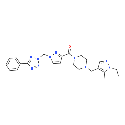 ChemSpider 2D Image | {4-[(1-Ethyl-5-methyl-1H-pyrazol-4-yl)methyl]-1-piperazinyl}{1-[(5-phenyl-2H-tetrazol-2-yl)methyl]-1H-pyrazol-3-yl}methanone | C23H28N10O