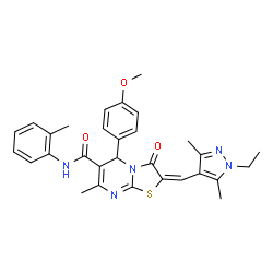 ChemSpider 2D Image | (2E)-2-[(1-Ethyl-3,5-dimethyl-1H-pyrazol-4-yl)methylene]-5-(4-methoxyphenyl)-7-methyl-N-(2-methylphenyl)-3-oxo-2,3-dihydro-5H-[1,3]thiazolo[3,2-a]pyrimidine-6-carboxamide | C30H31N5O3S