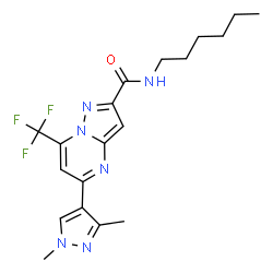 ChemSpider 2D Image | 5-(1,3-Dimethyl-1H-pyrazol-4-yl)-N-hexyl-7-(trifluoromethyl)pyrazolo[1,5-a]pyrimidine-2-carboxamide | C19H23F3N6O