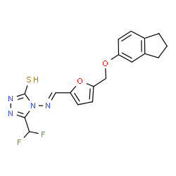ChemSpider 2D Image | 5-(Difluoromethyl)-4-[(E)-({5-[(2,3-dihydro-1H-inden-5-yloxy)methyl]-2-furyl}methylene)amino]-2,4-dihydro-3H-1,2,4-triazole-3-thione | C18H16F2N4O2S