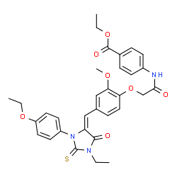 ChemSpider 2D Image | Ethyl 4-{[(4-{(E)-[3-(4-ethoxyphenyl)-1-ethyl-5-oxo-2-thioxo-4-imidazolidinylidene]methyl}-2-methoxyphenoxy)acetyl]amino}benzoate | C32H33N3O7S