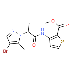 ChemSpider 2D Image | Methyl 3-{[2-(4-bromo-5-methyl-1H-pyrazol-1-yl)propanoyl]amino}-2-thiophenecarboxylate | C13H14BrN3O3S