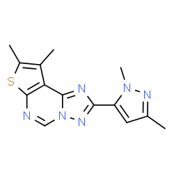 ChemSpider 2D Image | 2-(1,3-Dimethyl-1H-pyrazol-5-yl)-8,9-dimethylthieno[3,2-e][1,2,4]triazolo[1,5-c]pyrimidine | C14H14N6S
