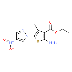 ChemSpider 2D Image | Ethyl 2-amino-4-methyl-5-(4-nitro-1H-pyrazol-1-yl)-3-thiophenecarboxylate | C11H12N4O4S