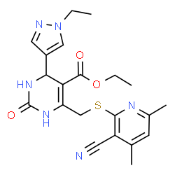 ChemSpider 2D Image | Ethyl 6-{[(3-cyano-4,6-dimethyl-2-pyridinyl)sulfanyl]methyl}-4-(1-ethyl-1H-pyrazol-4-yl)-2-oxo-1,2,3,4-tetrahydro-5-pyrimidinecarboxylate | C21H24N6O3S