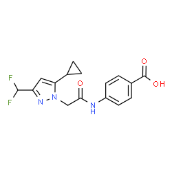 ChemSpider 2D Image | 4-({[5-Cyclopropyl-3-(difluoromethyl)-1H-pyrazol-1-yl]acetyl}amino)benzoic acid | C16H15F2N3O3