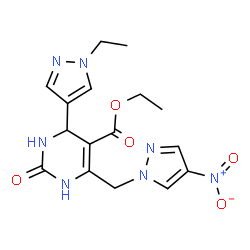 ChemSpider 2D Image | Ethyl 4-(1-ethyl-1H-pyrazol-4-yl)-6-[(4-nitro-1H-pyrazol-1-yl)methyl]-2-oxo-1,2,3,4-tetrahydro-5-pyrimidinecarboxylate | C16H19N7O5