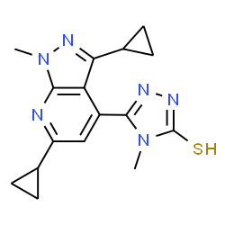 ChemSpider 2D Image | 5-(3,6-Dicyclopropyl-1-methyl-1H-pyrazolo[3,4-b]pyridin-4-yl)-4-methyl-2,4-dihydro-3H-1,2,4-triazole-3-thione | C16H18N6S