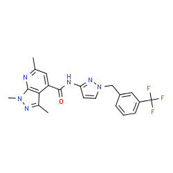 ChemSpider 2D Image | 1,3,6-Trimethyl-N-{1-[3-(trifluoromethyl)benzyl]-1H-pyrazol-3-yl}-1H-pyrazolo[3,4-b]pyridine-4-carboxamide | C21H19F3N6O