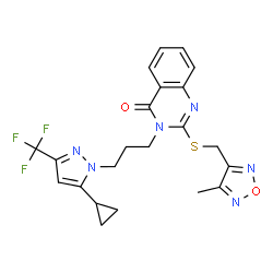 ChemSpider 2D Image | 3-{3-[5-Cyclopropyl-3-(trifluoromethyl)-1H-pyrazol-1-yl]propyl}-2-{[(4-methyl-1,2,5-oxadiazol-3-yl)methyl]sulfanyl}-4(3H)-quinazolinone | C22H21F3N6O2S