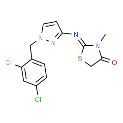 ChemSpider 2D Image | (2Z)-2-{[1-(2,4-Dichlorobenzyl)-1H-pyrazol-3-yl]imino}-3-methyl-1,3-thiazolidin-4-one | C14H12Cl2N4OS