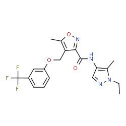 ChemSpider 2D Image | N-(1-Ethyl-5-methyl-1H-pyrazol-4-yl)-5-methyl-4-{[3-(trifluoromethyl)phenoxy]methyl}-1,2-oxazole-3-carboxamide | C19H19F3N4O3
