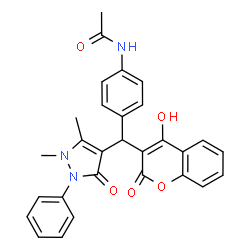ChemSpider 2D Image | N-{4-[(1,5-Dimethyl-3-oxo-2-phenyl-2,3-dihydro-1H-pyrazol-4-yl)(4-hydroxy-2-oxo-2H-chromen-3-yl)methyl]phenyl}acetamide | C29H25N3O5