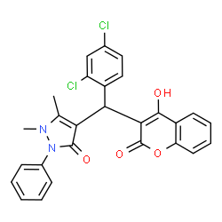 ChemSpider 2D Image | 4-[(2,4-Dichlorophenyl)(4-hydroxy-2-oxo-2H-chromen-3-yl)methyl]-1,5-dimethyl-2-phenyl-1,2-dihydro-3H-pyrazol-3-one | C27H20Cl2N2O4
