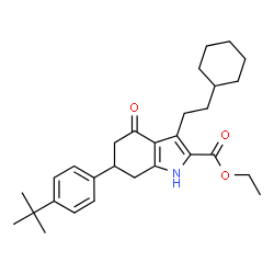 ChemSpider 2D Image | Ethyl 3-(2-cyclohexylethyl)-6-[4-(2-methyl-2-propanyl)phenyl]-4-oxo-4,5,6,7-tetrahydro-1H-indole-2-carboxylate | C29H39NO3