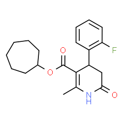 ChemSpider 2D Image | Cycloheptyl 4-(2-fluorophenyl)-2-methyl-6-oxo-1,4,5,6-tetrahydro-3-pyridinecarboxylate | C20H24FNO3