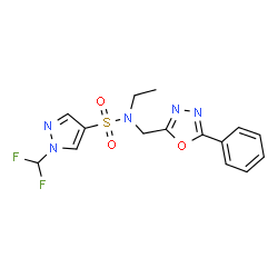 ChemSpider 2D Image | 1-(Difluoromethyl)-N-ethyl-N-[(5-phenyl-1,3,4-oxadiazol-2-yl)methyl]-1H-pyrazole-4-sulfonamide | C15H15F2N5O3S