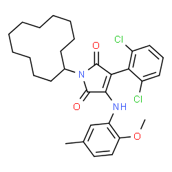 ChemSpider 2D Image | 1-Cyclododecyl-3-(2,6-dichlorophenyl)-4-[(2-methoxy-5-methylphenyl)amino]-1H-pyrrole-2,5-dione | C30H36Cl2N2O3