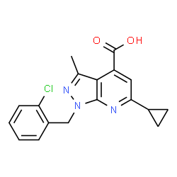 ChemSpider 2D Image | 1-(2-Chlorobenzyl)-6-cyclopropyl-3-methyl-1H-pyrazolo[3,4-b]pyridine-4-carboxylic acid | C18H16ClN3O2